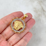Dije Medusa Basteada 10gr/4cm Mate Dos Oros Amarillo Blanco (Oferta)