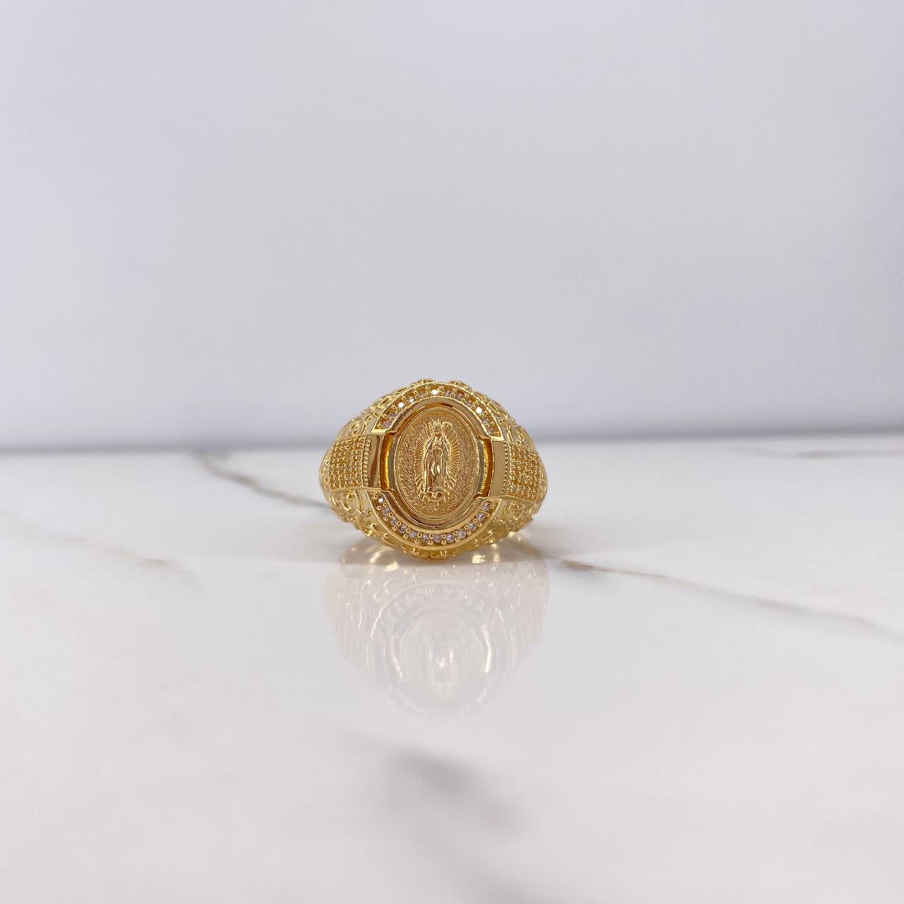 Anillo Virgen de Guadalupe Cinturon 11.25gr / T11 1/2 / Arabescos Circones Blancos Oro Amarillo $