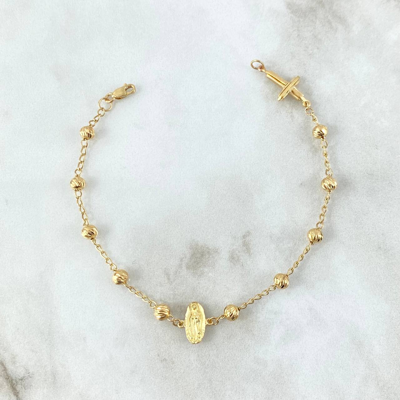 Pulso Denario Virgen de Guadalupe 3.7gr / 18.5cm / 4mm Bolas Diamantadas Oro Amarillo *