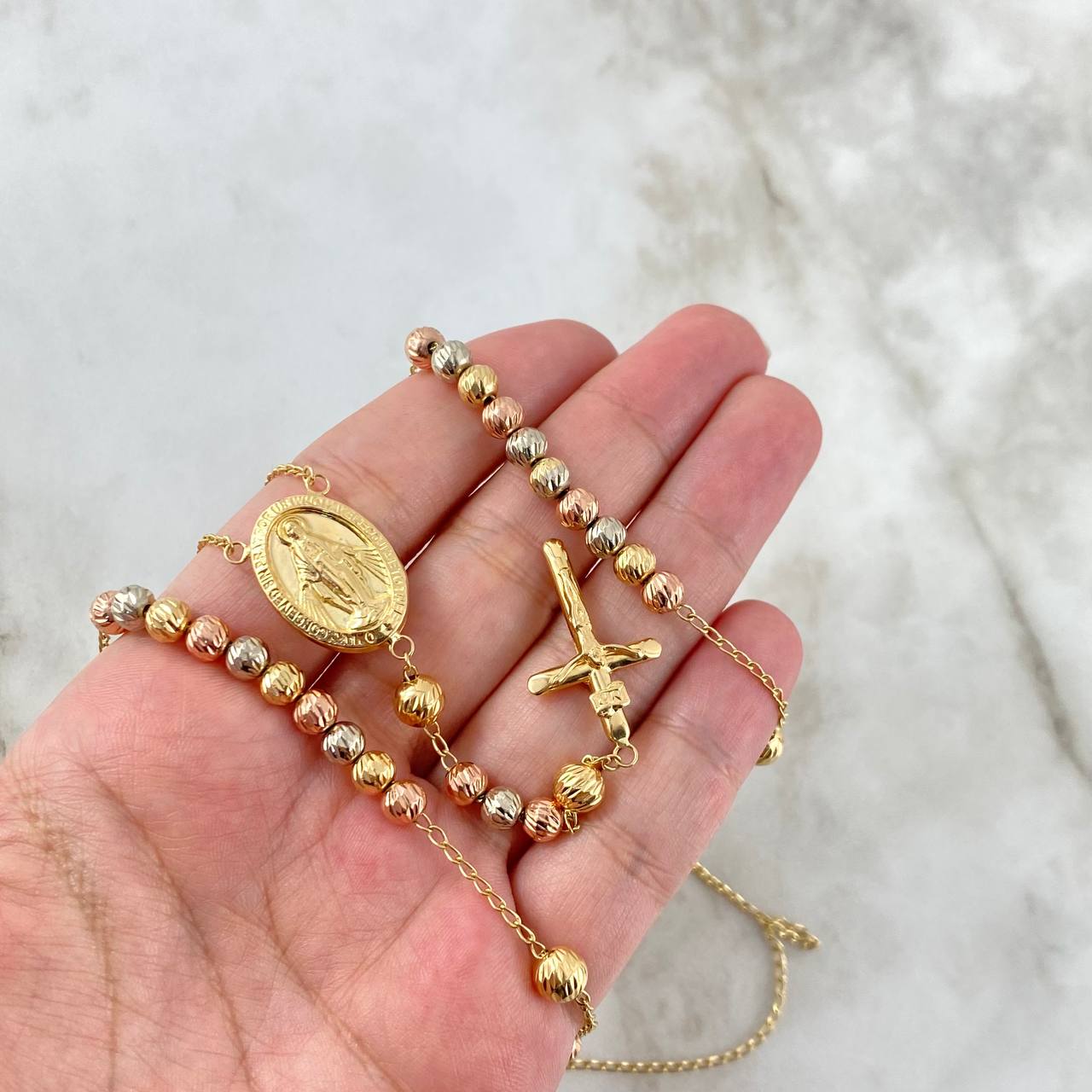 Rosario Virgen Milagrosa 16.35gr / 60cm / 5mm - 6mm Bolas Diamantadas Tres Oros *