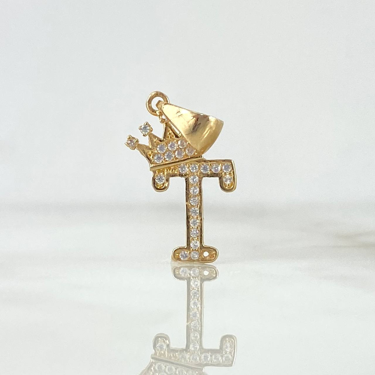 Dije Letra T Corona 1.3gr / 2.5cm / Circones Blancos Oro Amarillo