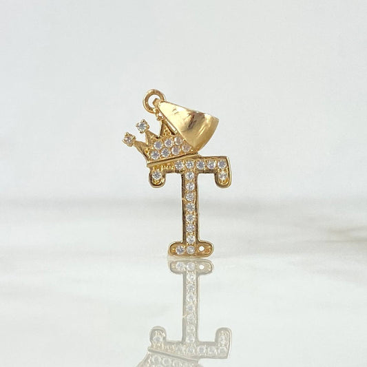 Dije Letra T Corona 1.3gr / 2.5cm / Circones Blancos Oro Amarillo