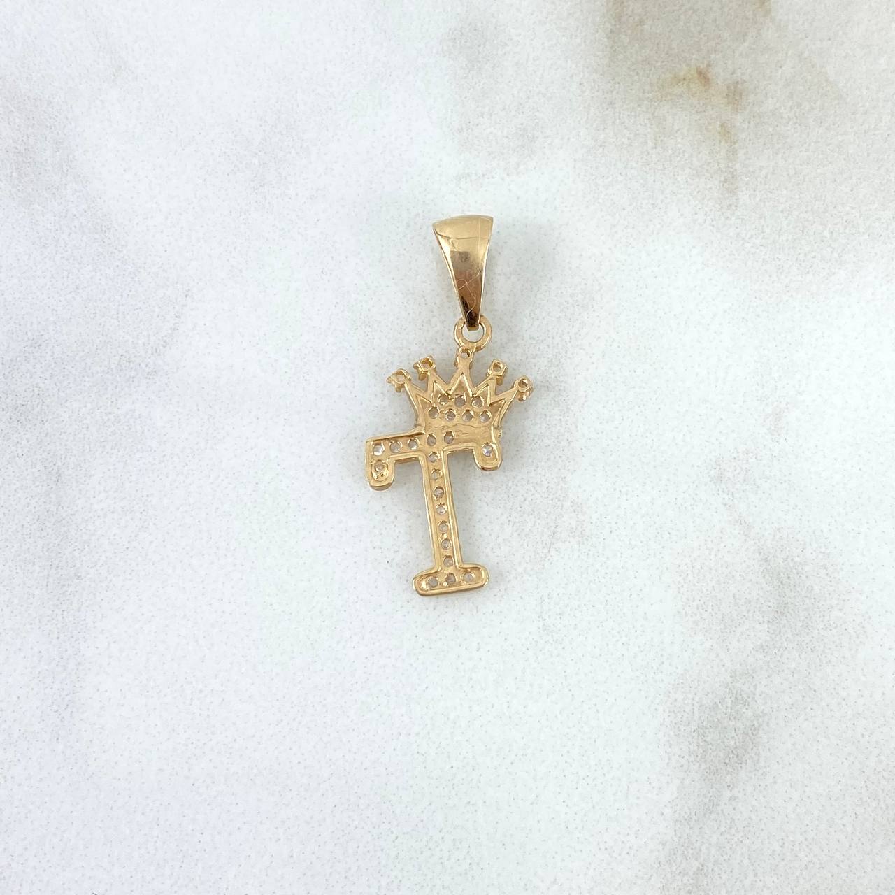 Dije Letra T Corona 1.3gr / 2.5cm / Circones Blancos Oro Amarillo