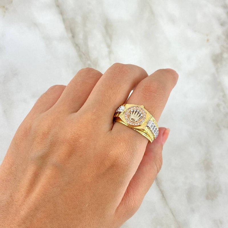 Anillo Correa Corona 8.65gr / T11 1/4 / Circones Blancos Tres Oros ©