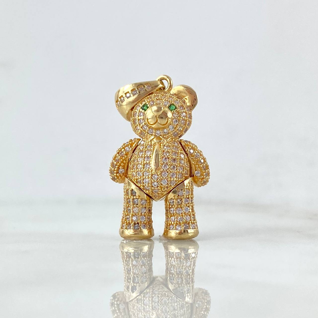 Dije Oso Articulado Corbata 8.8gr / 3.6cm / Circones Blancos Ojos Verdes Oro Amarillo ©