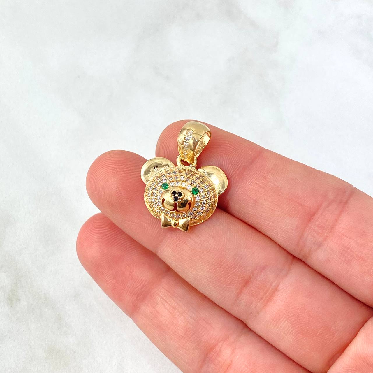 Dije Cabeza de Oso Corbatin 2.85gr / 2.2cm / Circones Blancos Negros Ojos Verdes Oro Amarillo