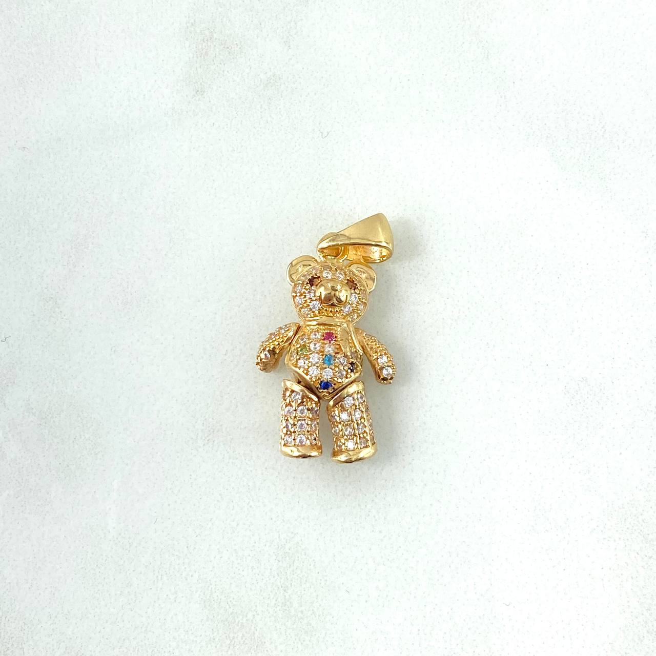 Dije Oso Articulado Bufanda 4.35gr / 2.8cm / Circones Blancos y Multicolores Ojos Naranjas Oro Amarillo