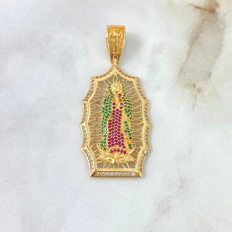 Dije Virgen de Guadalupe 12.85gr / 4.8cm / Filigrana Circones Blancos Verdes Fucsias Oro Amarillo