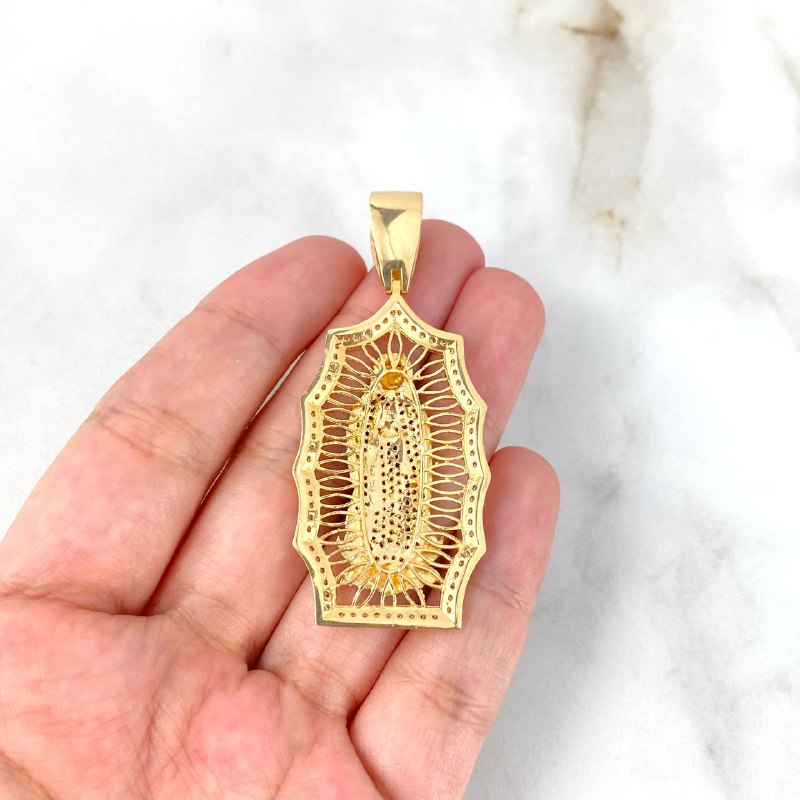 Dije Virgen de Guadalupe 12.85gr / 4.8cm / Filigrana Circones Blancos Verdes Fucsias Oro Amarillo