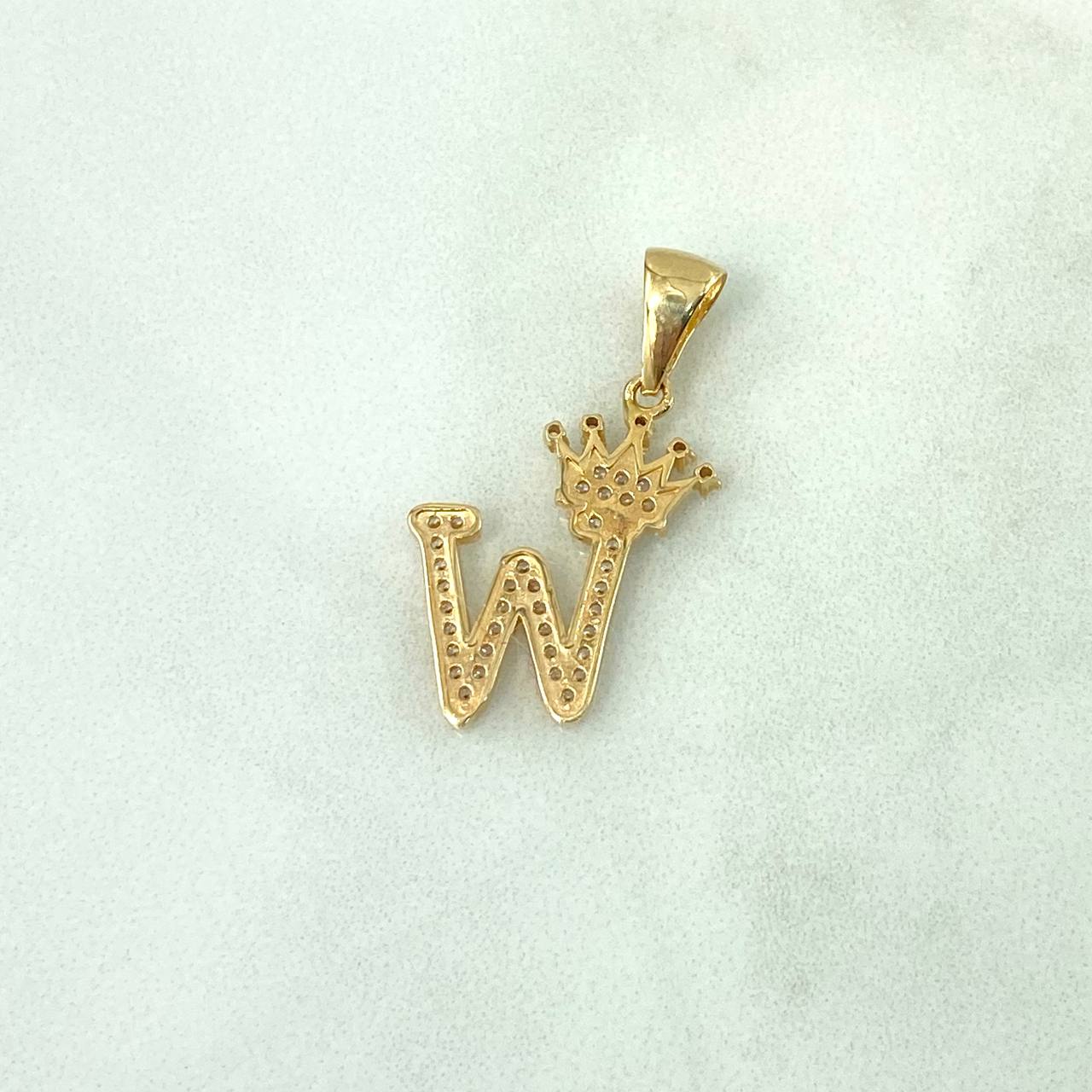 Dije Letra W Corona 1.9gr / 2.6cm / Circones Blancos Oro Amarillo
