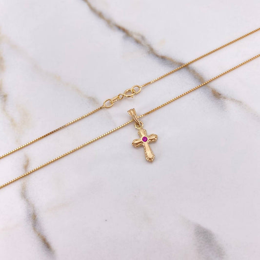 Cadena Veneciana 1.75gr 50cm + Dije Cruz Circon Fucsia 0.9gr 1.9cm / Oro Amarillo (Oferta) $