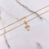 Cadena Veneciana 1.75gr 50cm + Dije Cruz Circon Fucsia 0.9gr 1.9cm / Oro Amarillo (Oferta) $