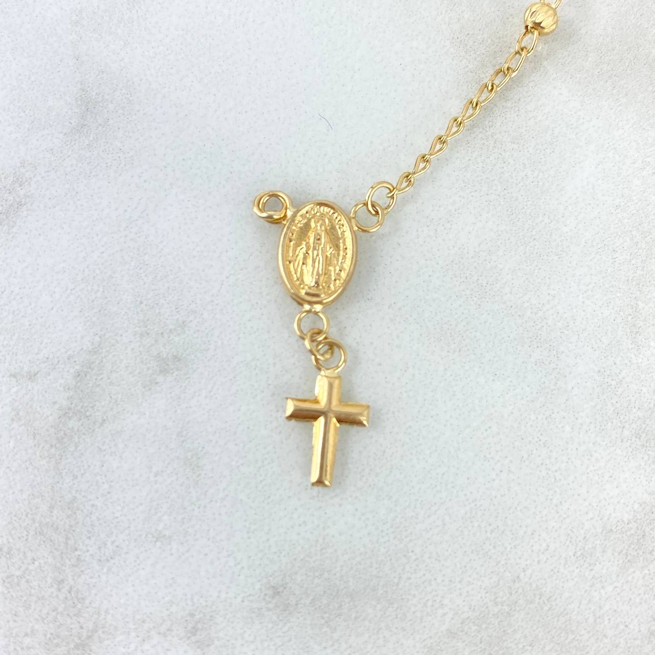 Pulso Denario Virgen Milagrosa 2.5gr / 17.5cm / 4mm Bolas Diamantadas Cruz Lisa Oro Amarillo