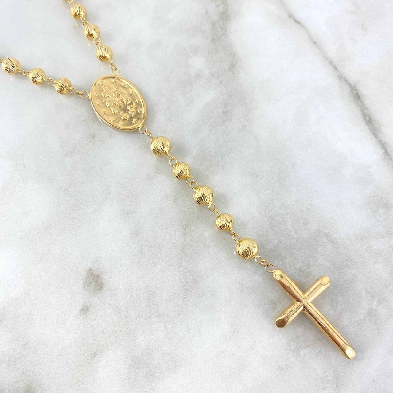 Rosario Virgen Milagrosa 22.05gr / 60cm / 6mm - 7mm Bolas Diamantadas Cruz Lisa Oro Amarillo
