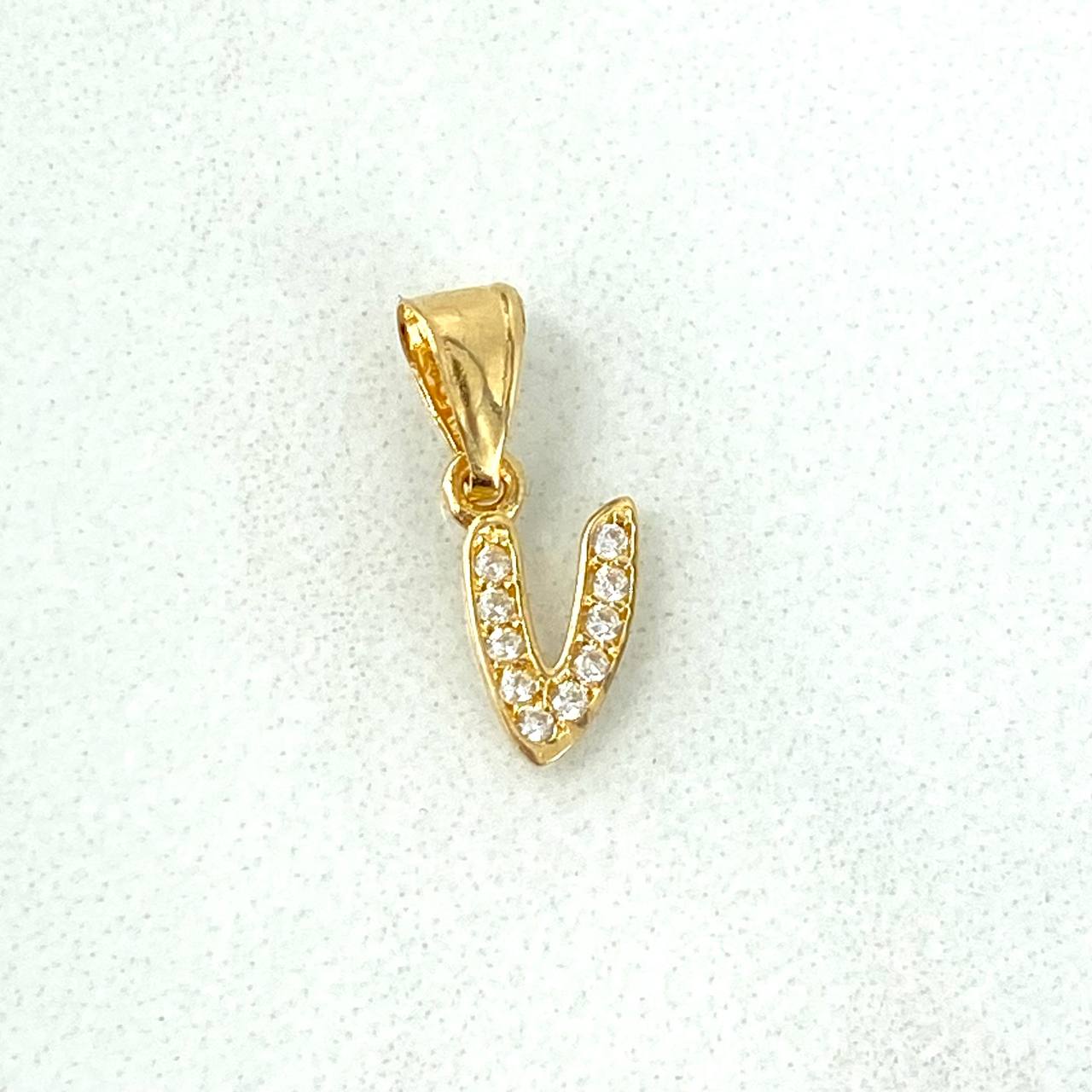 Dije Letra V Silueta 0.3gr / 1.3cm / Circones Blancos Oro Amarillo