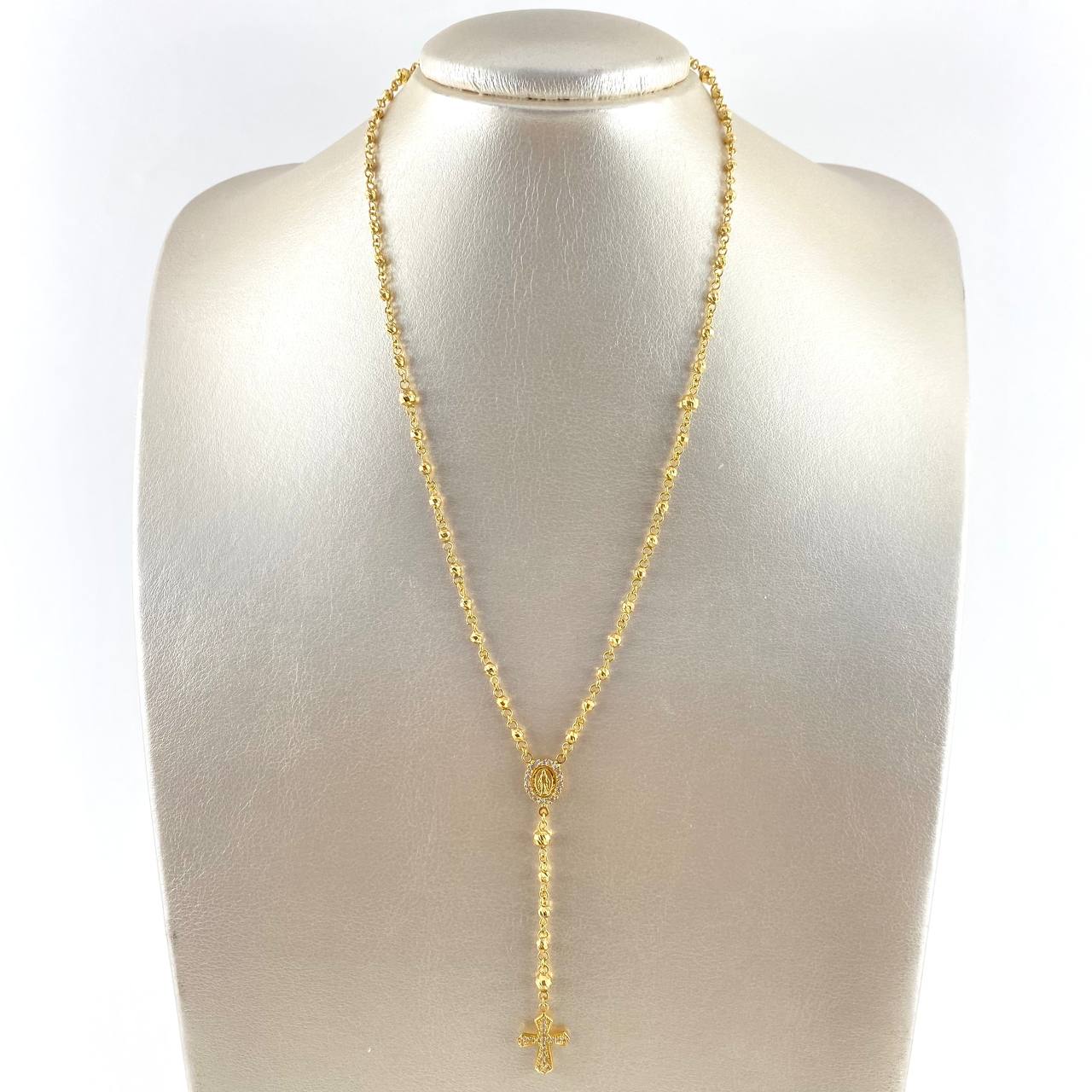 Rosario Virgen Milagrosa 10.5gr / 45cm / 3mm - 4 mm Bolas Diamantadas - Cruz Templaria Circones Blancos Oro Amarillo *