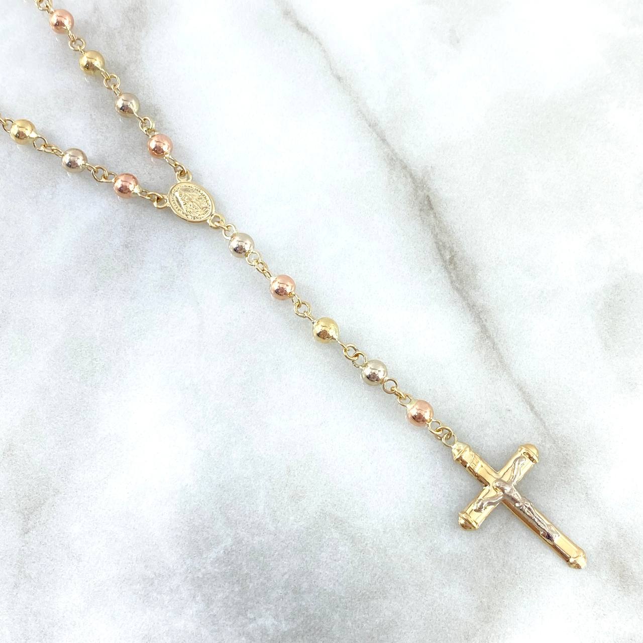 Rosario Virgen Milagrosa 12.35gr / 60cm / 4mm - 5mm Bolas Lisas - Cilindros Diamantados - Cruz Cristo Liso Tres Oros