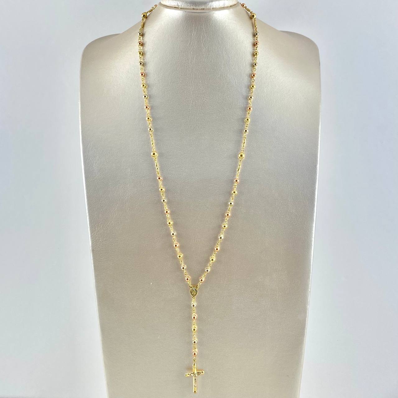 Rosario Virgen Milagrosa 12.35gr / 60cm / 4mm - 5mm Bolas Lisas - Cilindros Diamantados - Cruz Cristo Liso Tres Oros