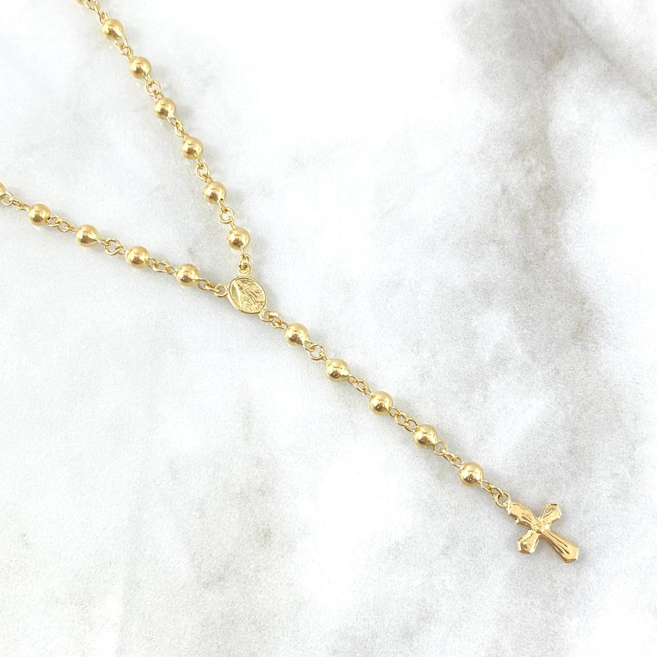 Rosario Virgen Milagrosa 10.8gr / 55cm / 3mm - 4 mm Bolas Lisas - Cilindros Diamantados - Cruz Lisa Oro Amarillo