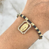 Pulsera Negra Escapulario 5.35gr / 4mm Bolas Satinadas 20 Und Oro Amarillo *