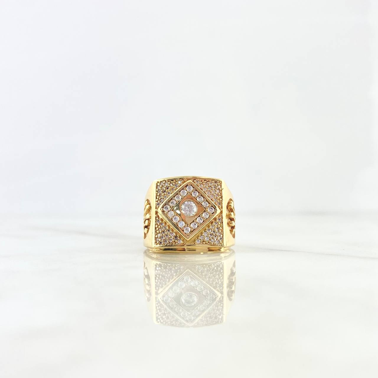 Anillo Rombo Corona 13.4gr / T9 3/4 / Circones Blancos Oro Amarillo ©