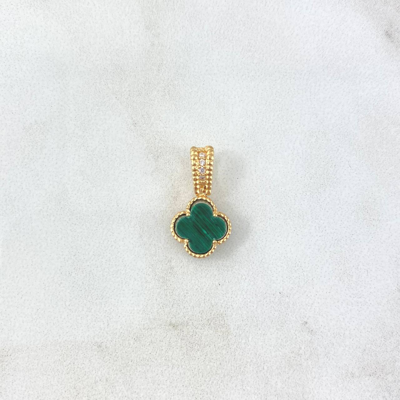 Dije Trébol VCyA 1.4gr / 1.7cm / 10mm Malaquita Verde Punteada - Circones Blancos Oro Amarillo Nac.Esp. *