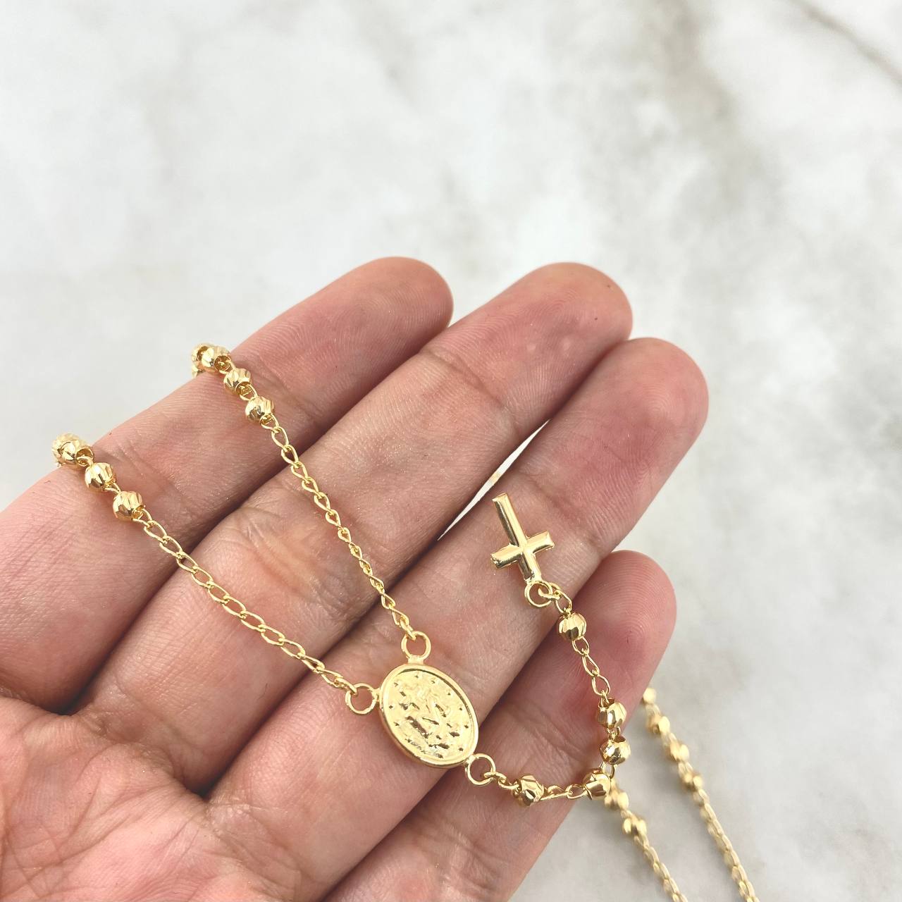 Rosario Virgen Milagrosa 6.15gr / 50cm / 3mm Bolas Diamantadas - Cruz Lisa Oro Amarillo
