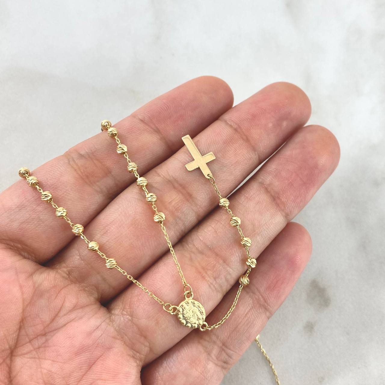 Rosario Virgen Milagrosa 4.6gr / 50cm / 2.5mm Bolas Diamantadas - Cruz Lisa Oro Amarillo +4 *