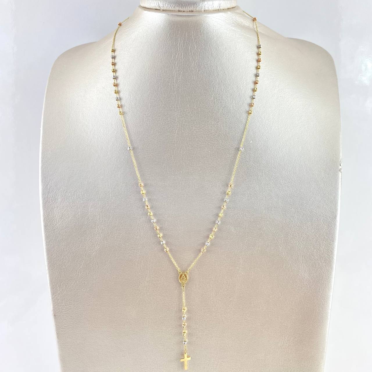 Rosario Virgen Milagrosa 4.4gr / 50cm / 2.5mm Bolas Diamantadas - Cruz Lisa Tres Oros +4 *