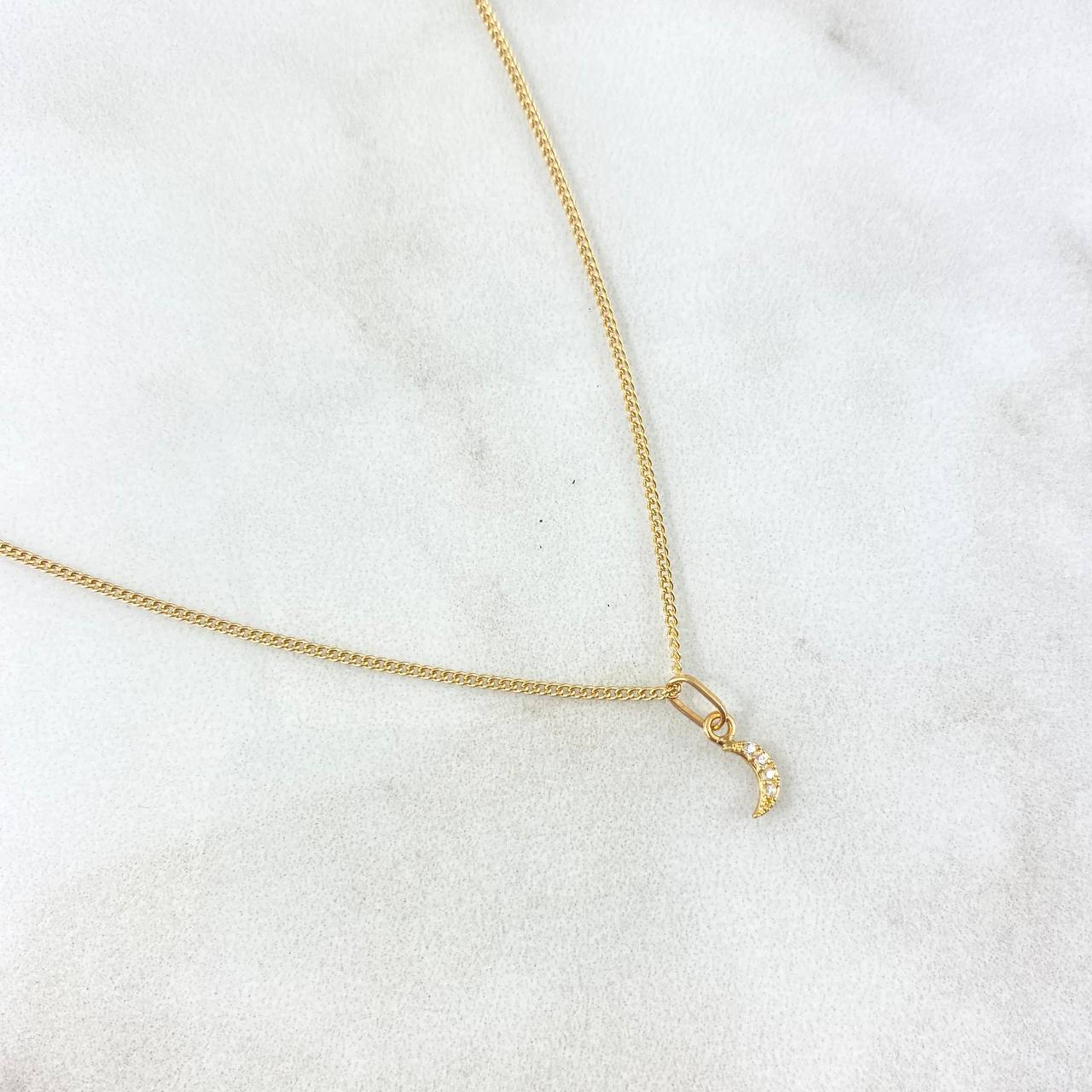 Cadena Mini Cubana 1.1 / 50cm + Dije Luna 0.2gr / 1.1cm Circones Blancos Oro Amarillo (Oferta) ©