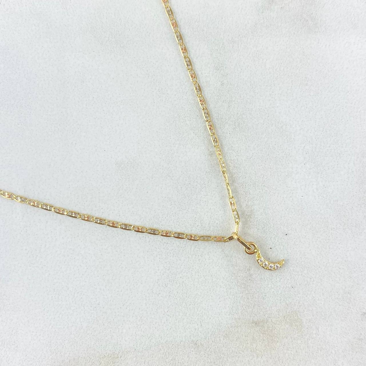 Cadena Plana Diamantada 1.8gr / 50cm + Dije Luna 0.15gr / 1.1cm Circones Blancos Tres Oros (Oferta) ©