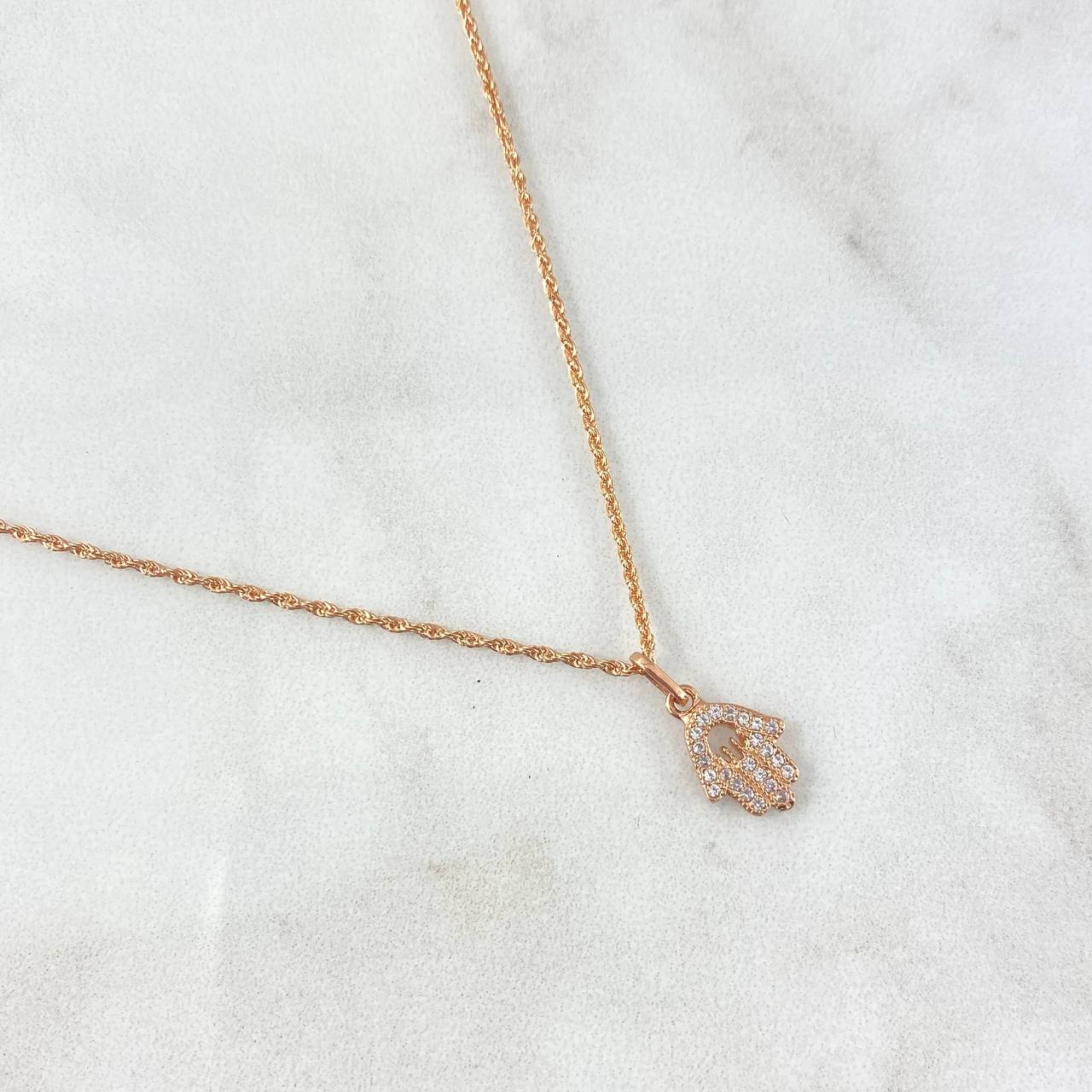 Cadena Lazo 0.85gr / 45cm / 1mm + Dije Mano Hamsa - Circones Blancos 0.75gr / 1.7cm Oro Rosa (Oferta) *