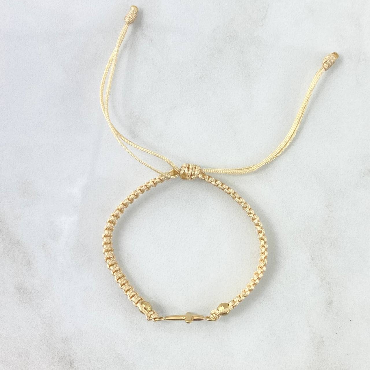 Pulsera Beige Cruz Lisa 0.6gr / 4mm Bolas Discoteca 2 Und Oro Amarillo