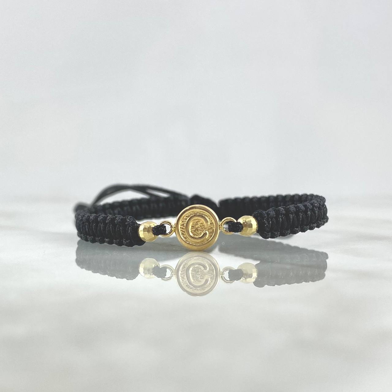Pulsera Negra Herraje Letra C 0.6gr / 4mm Bolas Discoteca 2 Und Oro Amarillo
