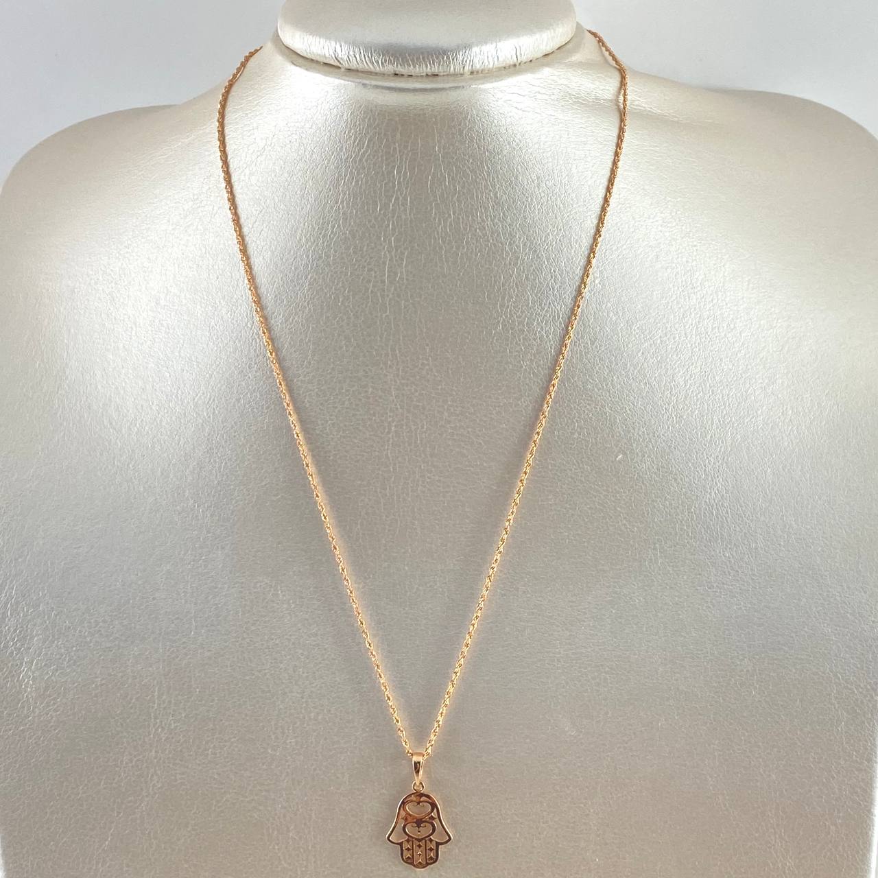 Set Cadena Lazo 0.85gr / 45cm / 1.2mm + Dije Mano Hamsa - Filigrana 1.15gr / 2.4cm Oro Rosa (Oferta)