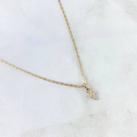 Cadena Plana Diamantada 1.8gr / 50cm 1.2mm + Dije Cruz Rectangular - Circones Blancos 0.25gr / 1.1cm Tres Oros (Oferta)