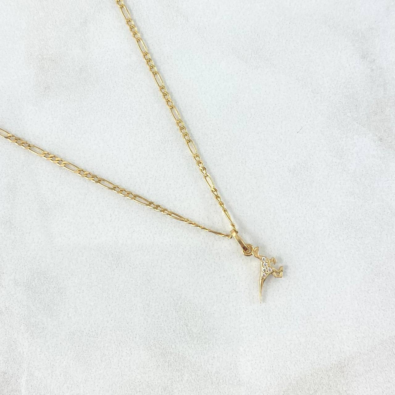 Cadena Figaro 2.55gr / 45cm / 1.5mm + Dije Dinosaurio - Circones Blancos 0.25gr / 1.2cm Oro Amarillo (Oferta)