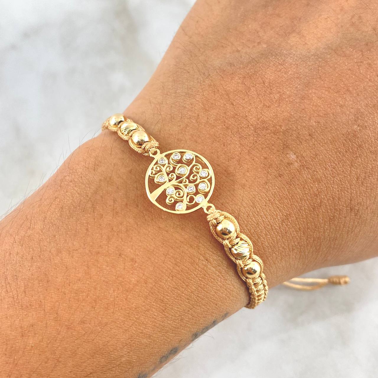 Pulsera Caqui Árbol De La Vida Circones Blancos 1.5gr / 4mm Bolas Lisas - Diamantadas 6 Und Oro Amarillo ©