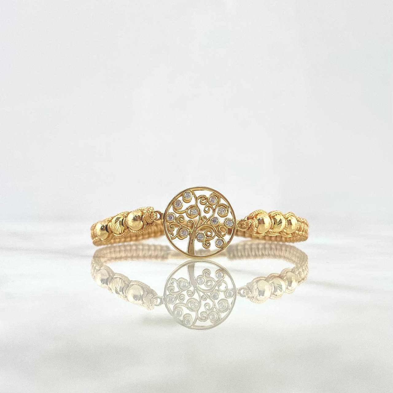 Pulsera Caqui Árbol De La Vida Circones Blancos 1.5gr / 4mm Bolas Lisas - Diamantadas 6 Und Oro Amarillo ©