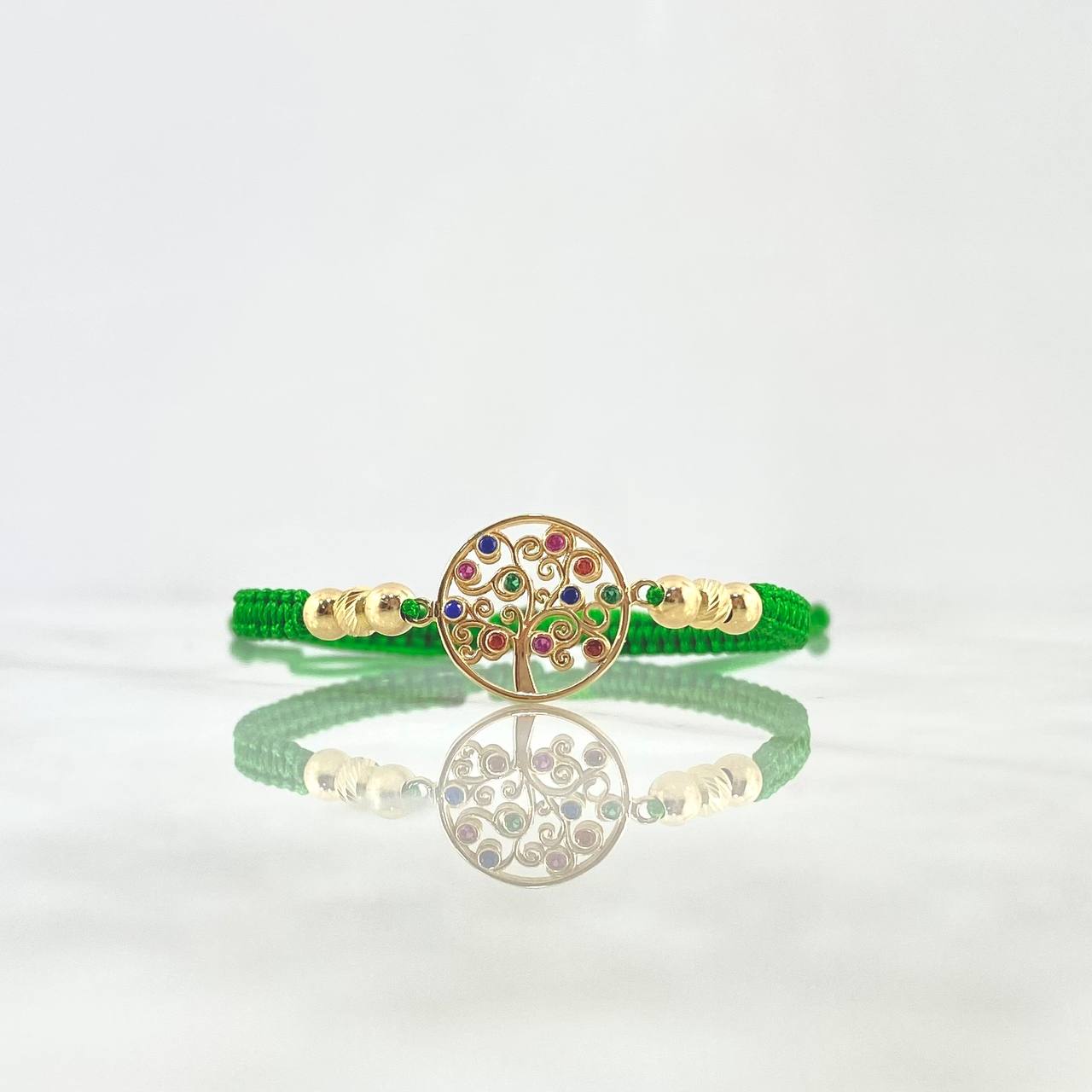 Pulsera Verde Árbol De La Vida Circones de Colores 1.5gr / 4mm Bolas Lisas - Diamantadas 6 Und Oro Amarillo ©