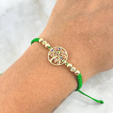 Pulsera Verde Árbol De La Vida Circones de Colores 1.5gr / 4mm Bolas Lisas - Diamantadas 6 Und Oro Amarillo ©