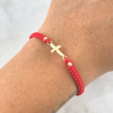 Pulsera Roja Cruz Lisa 0.55gr / 3mm Bolas Diamantadas 2 Und Oro Amarillo