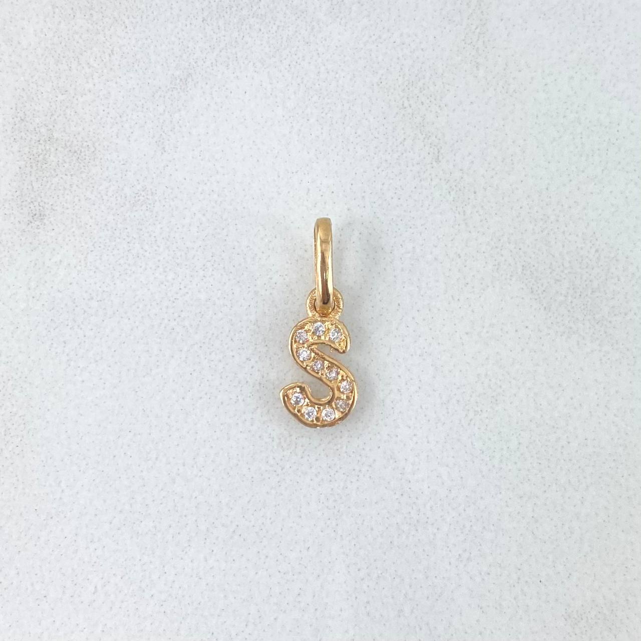 Dije Letra S Cursiva 0.45gr / 1.6cm / Circones Blancos Oro Amarillo 18K