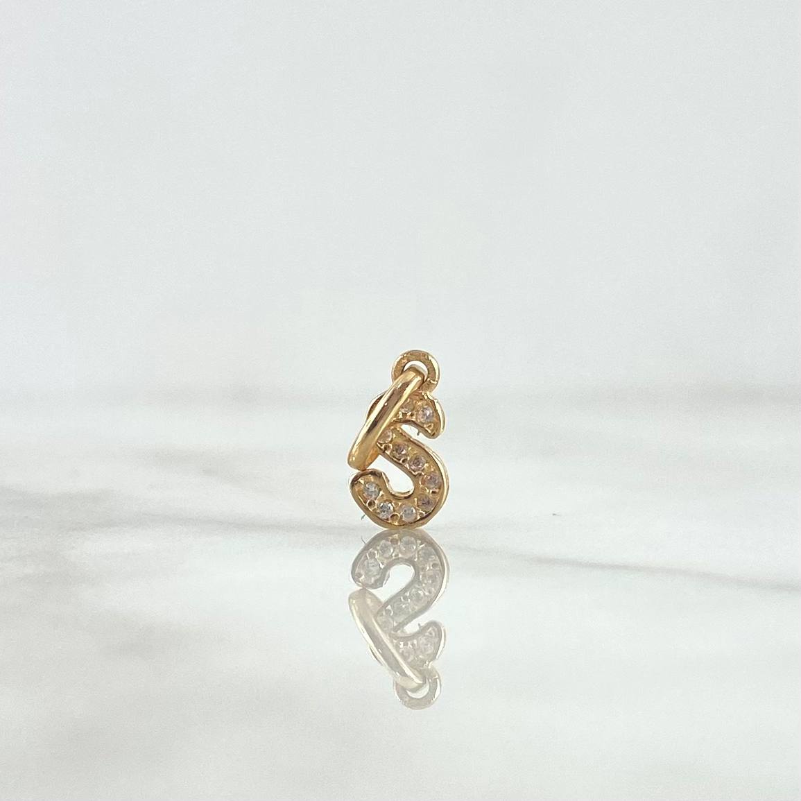 Dije Letra S Cursiva 0.45gr / 1.6cm / Circones Blancos Oro Amarillo 18K