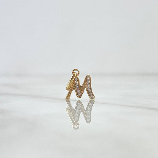 Dije Letra M Cursiva 0.65gr / 1.6cm / Circones Blancos Oro Amarillo 18K