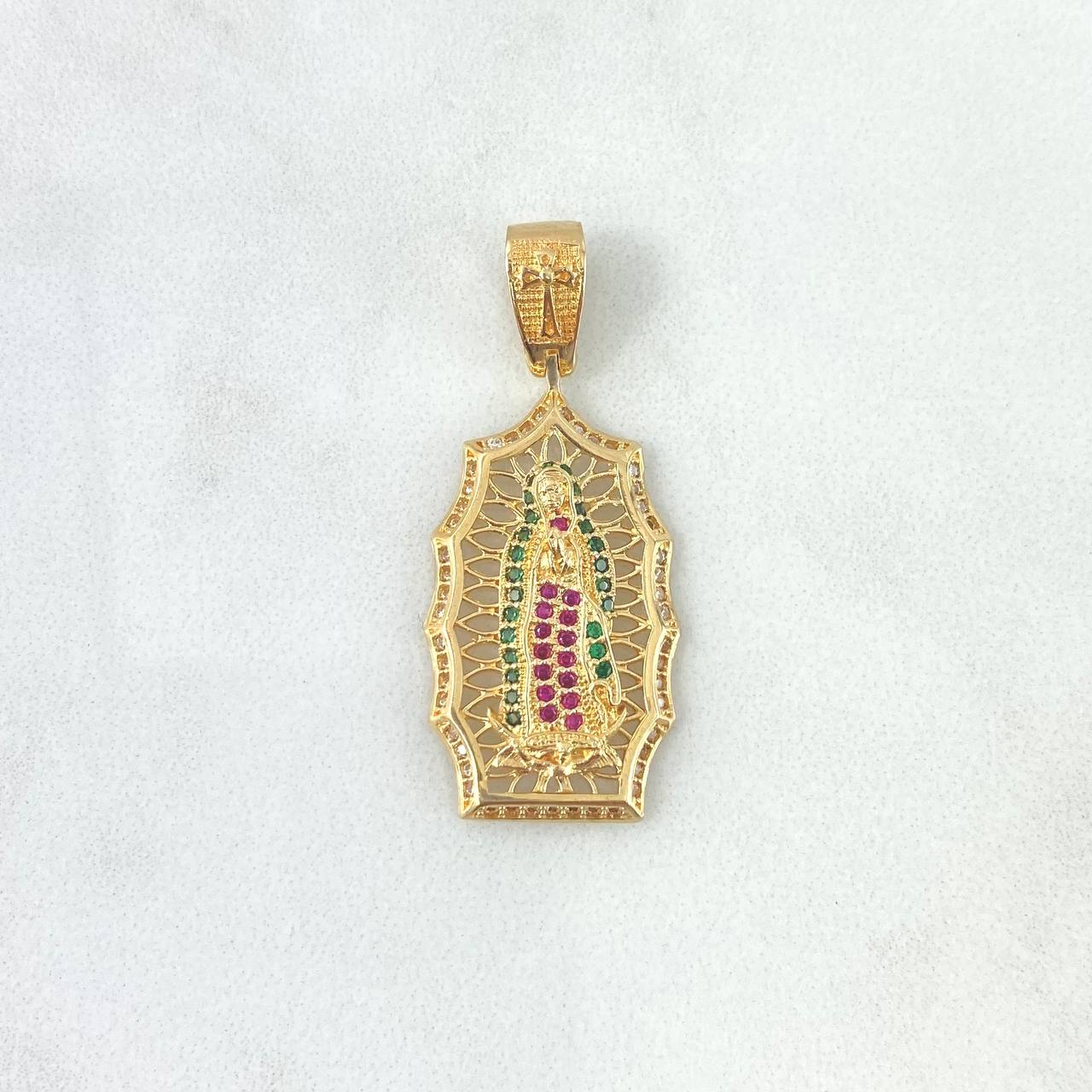Dije Virgen de Guadalupe 4.95gr / 3.7cm / Circones Blancos Verdes Y Fucsias Oro Amarillo ©