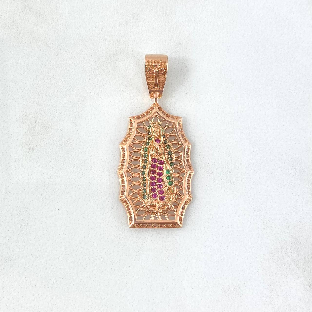 Dije Virgen de Guadalupe 4.55gr / 3.7cm / Circones Blancos Verdes Y Fucsias Oro Rosa ©