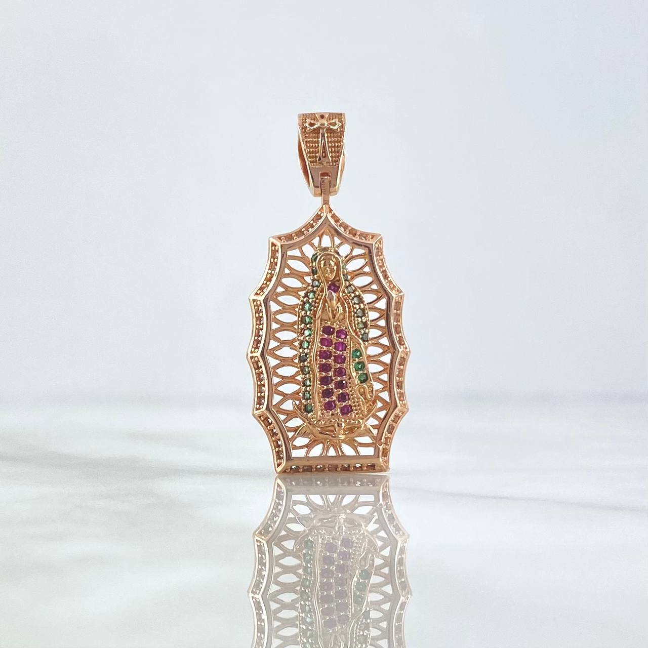 Dije Virgen de Guadalupe 4.55gr / 3.7cm / Circones Blancos Verdes Y Fucsias Oro Rosa ©