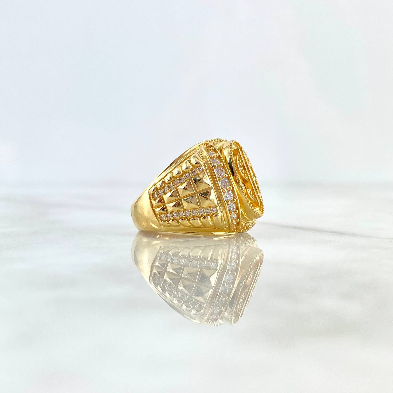 Anillo Sello Dólar 10.35gr / T7 1/4 / Texturizado Circones Blancos Oro Amarillo ©
