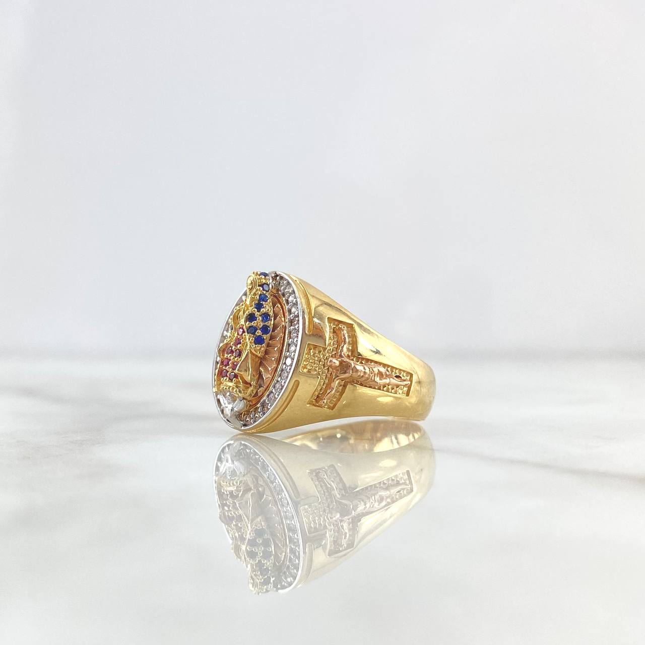 Anillo Cruces Cristos Virgen Guadalupe 8.85gr / T10 / Circones Blancos Azules Y Fucsias Dos Oros Amarillo Rosa ©